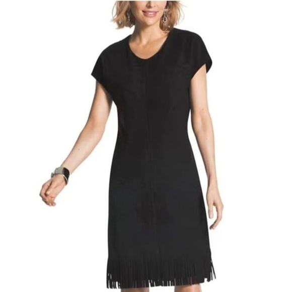 Women's Chico Black Knee-Length Faux Leather Boho Fringe Dress Size 1 Med/8 - Picture 1 of 9